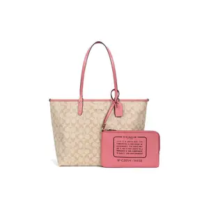 COACH Reversible City 33 Tote Bag with Monogram Canvas and Leather, Large Size for Women in Khaki and Pink