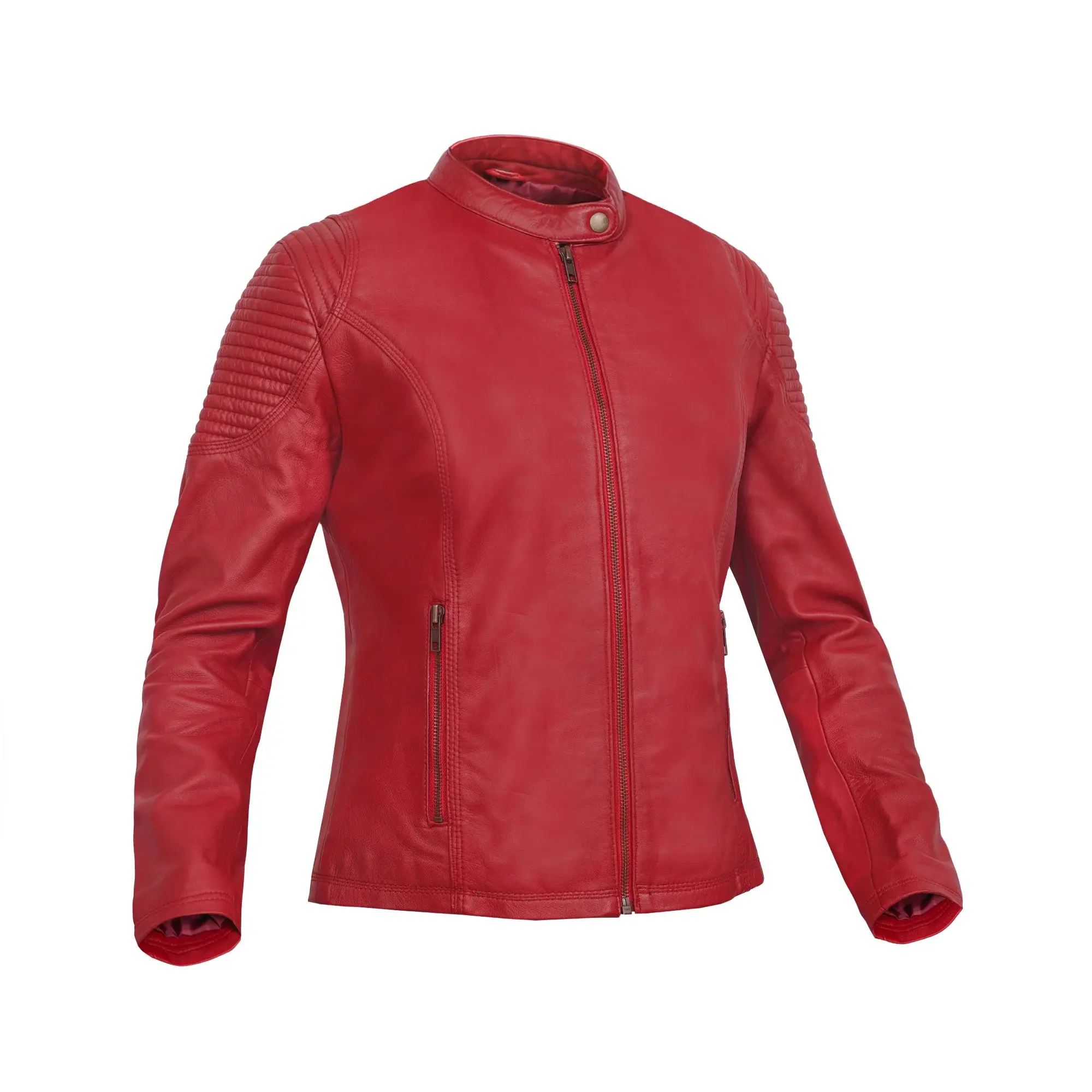 DANIEL SMART Wild Inferno™ Women's Slim-Fit Long-Sleeve Real Leather Motorcycle Jacket - Ultra-Soft Red Lambskin, Medium Length, Silver-Red Front Zippers, 2 Pockets, 1-Piece Stylish Design, All-Season Wear, Front Zip
