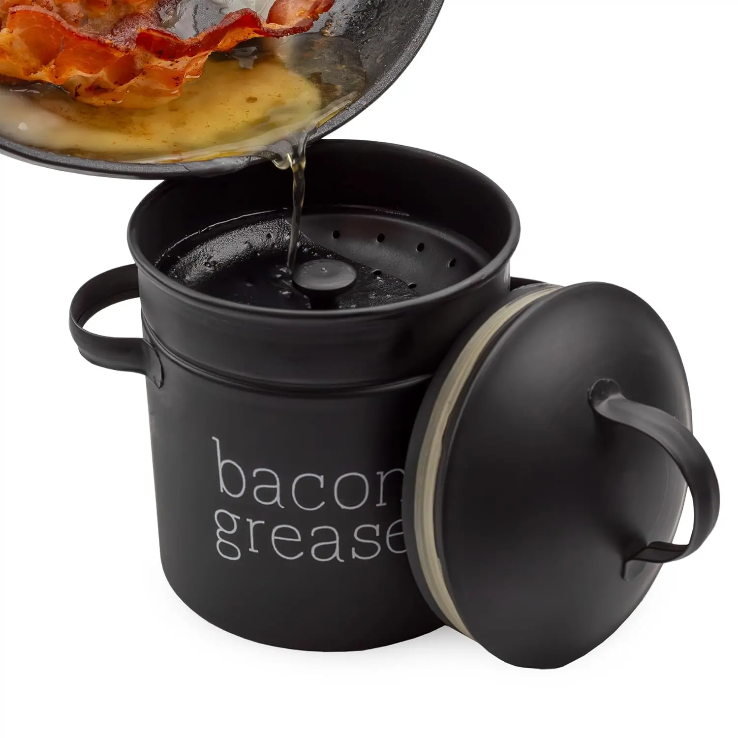 Farmhouse Bacon  Container (Black), Enamelware Bacon  Can w/ Strainer,  Style, Keto-Friendly