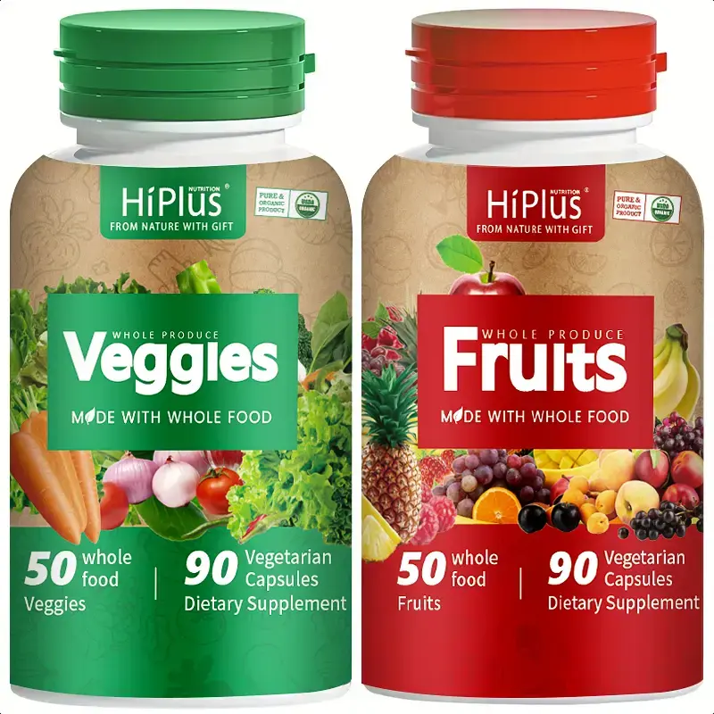 HiPlus 100%Whole Fruit and VegetableIngredients Organic Supplements - for Women,.Men, and Kids -Non-GMO, Gluten-Free 90 FruitCapsules,90 Veggie Capsules-1 Set