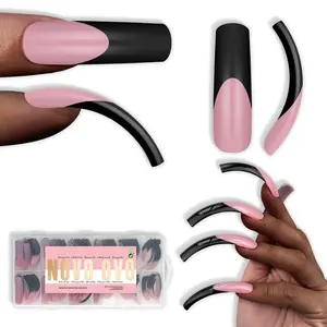 NOVO OVO Halloween Black XXL Curved Square French Tip Nail Tips Press on BERRY PINK Full Cover Extra Thick Long XL Acrylic Hawk Curve Fake Extension Kit Need Top Coat for Salon DIY 12 Sizes 144 pcs【NO GLUE,TOP COAT AND LAMP INCLUDED】