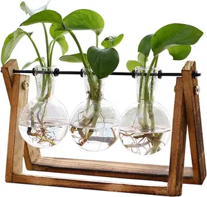 Plant Terrarium with Wooden Stand – 3 Bulb Glass Vase | Air Planter with Retro Metal Swivel Holder for Hydroponics