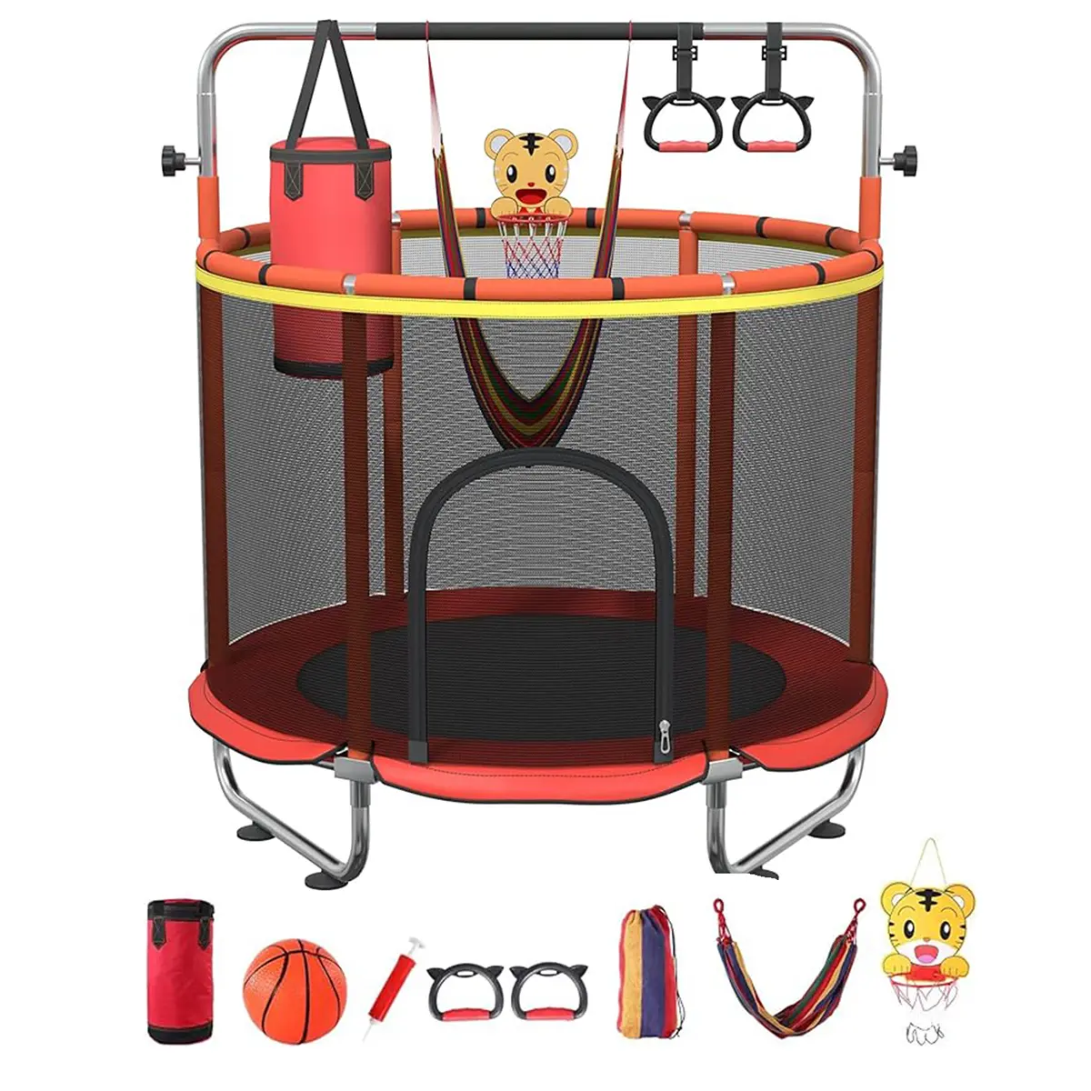 60" Kids' Trampoline with Safety Enclosure Net and Basketball Hoop, Round Mini Toddler Jumper for Indoor/Outdoor Fun, Trampoline Mat, Ground Trampoline