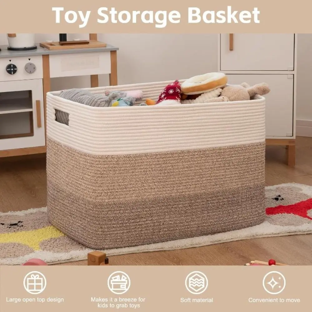Large Woven Cotton Rope Clothes Basket - Foldable Rectangle Storage Bin with Handles, Home Organizer for Living Room & Baby Laundry, Home Decor Gift for Christmas & Mother's Day