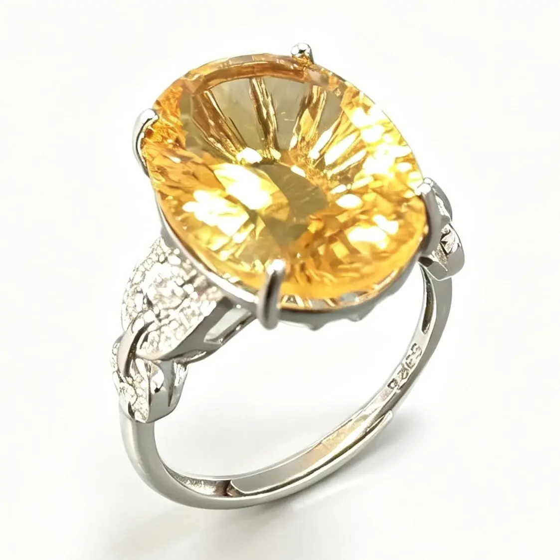 Female 925 Sterling Silver Adjustable Oval Citrine Statement Ring - 16×11.7mm Faceted Natural Yellow Crystal Cocktail Ring with Cubic Zirconia Accents, Ideal for Birthday, Wedding, Anniversary, Attracts Wealth
