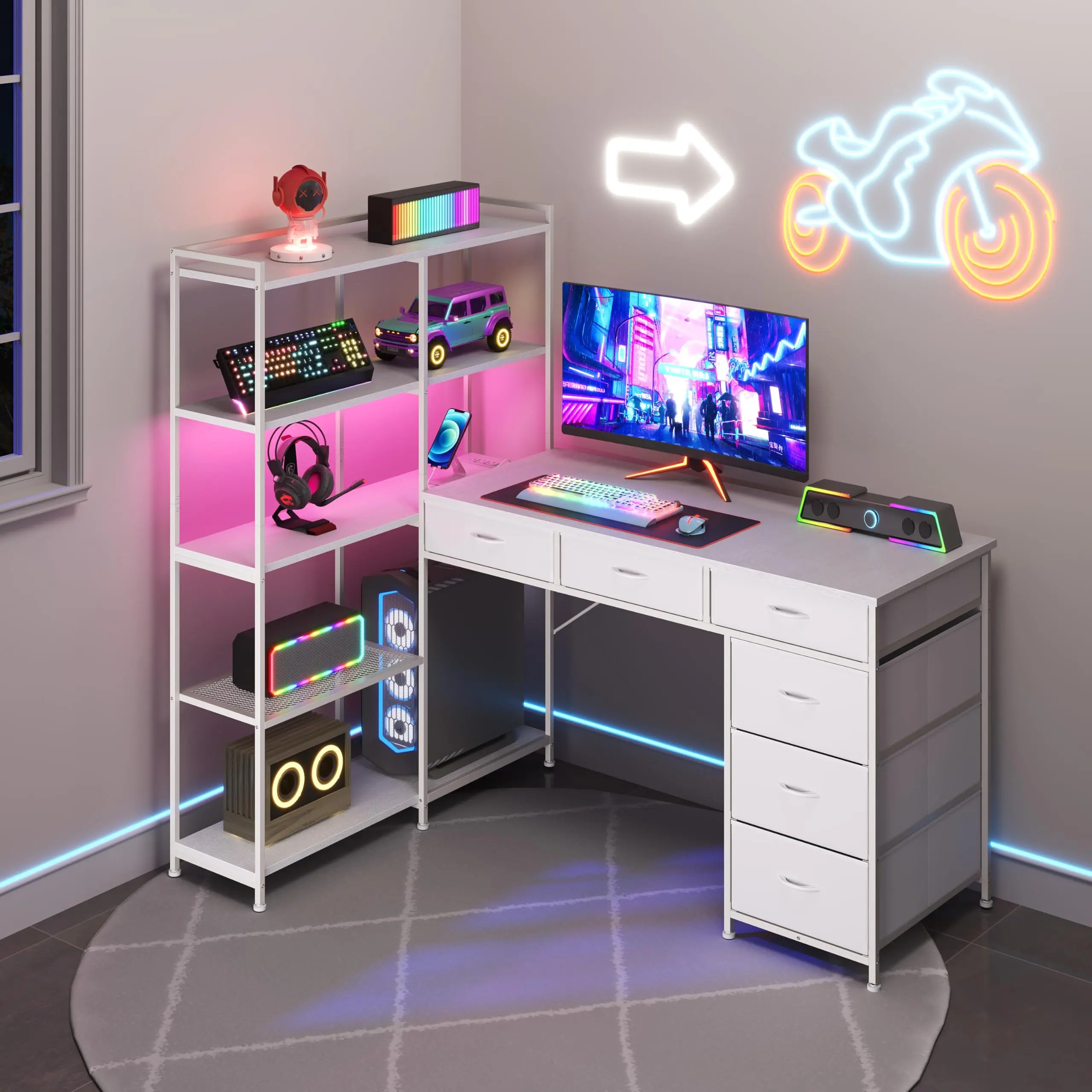 Garvee Large Freestanding L-Shaped Gaming Desk - 58.3" Home Office Workstation with Storage Shelves, 6 Fabric Drawers, Built-In Power Outlets, LED Lights, 54.3"H High Load Corner PC Table, L-Shaped Gamer Desk