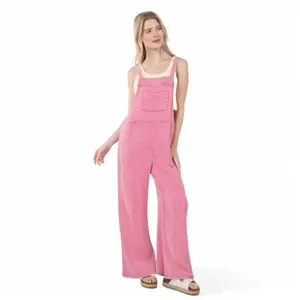 VERY J Texture Washed Wide Leg Overalls, Pink Color Perfect Gift For Mom,Gift For Sister. Casual Comfort Comfortable Cotton Womenswear Everyday Style Hip Underwear Suits Vintage Lady Outfit Fabric Basic Fitted Minimalist Sleeveless Strap Fashion Strappy