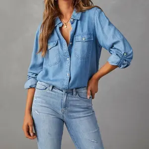 Women Button Down Denim Shirts Casual Long Sleeve V Neck Chambray Blouse Top