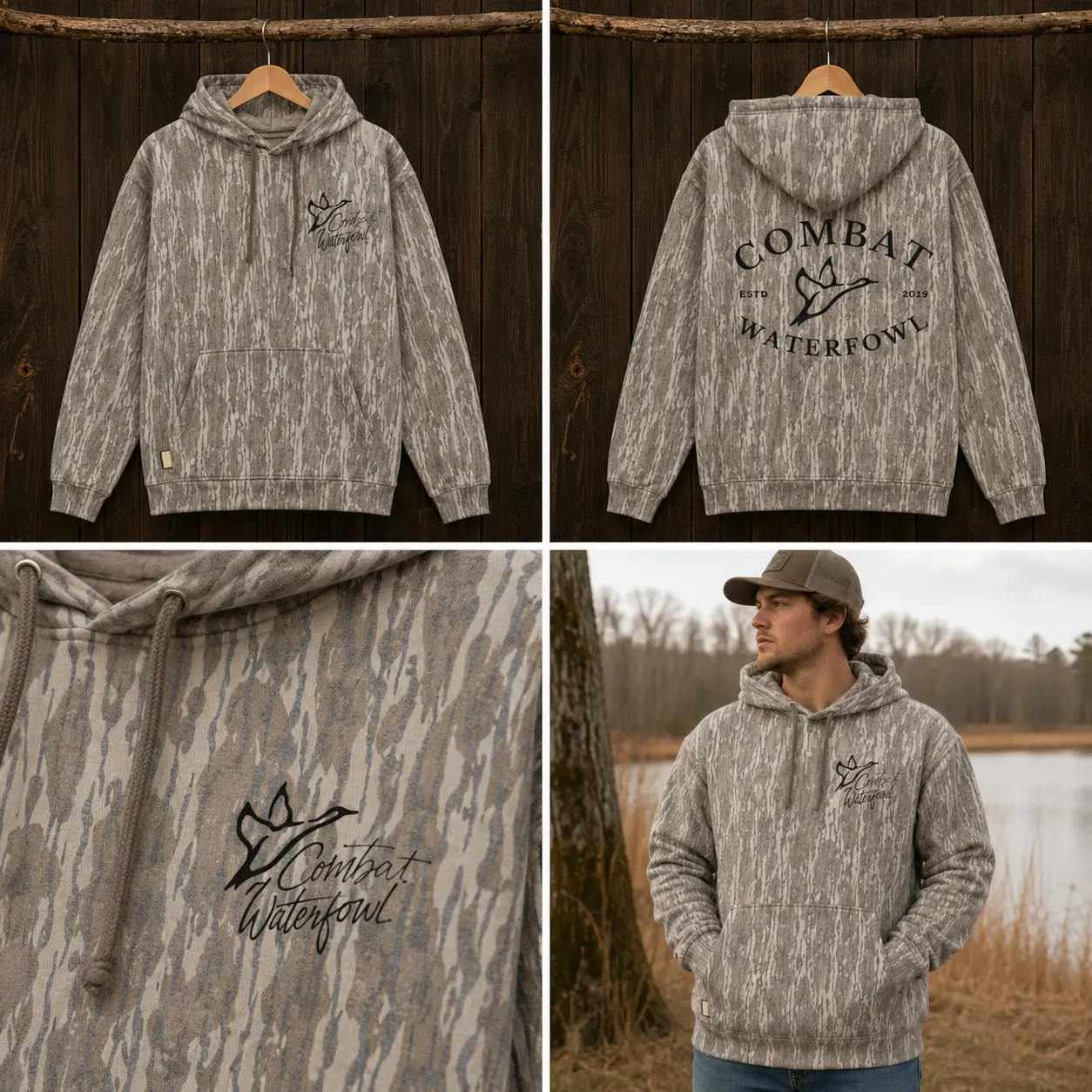 Combat Waterfowl Hunting Camo Hoodie, Western Rodeo Graphic Sweatshirt, Vintage Camo Cowboy Aesthetic, Country Streetwear for Men & Women Fabric, Gift for Fan