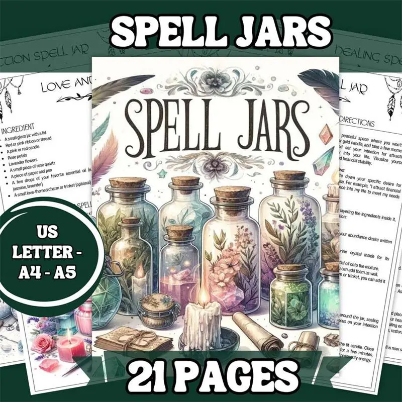 Spell Jars Magic Wish Bottle Journal & Witch Garden Notebook, Creative Diary for Spellcasting & Green Witch Enthusiasts, Blank Paper Journal