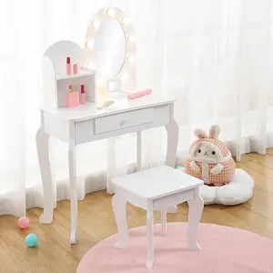 Vanity Desk with Mirror and Lights, Small Vanity Table and Chair Set,Wooden Makeup Desk Dressing Table with Drawers & 3 Light Modes