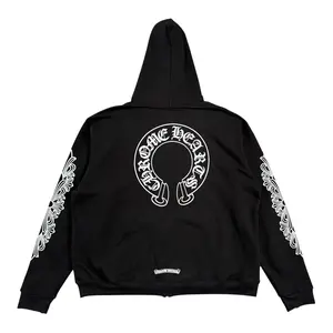 Women's Long-Sleeve Thermal-Lined Hoodie - Casual Zip-Up Sweatshirt with Chrome Hearts Black White Horseshoe Floral Print