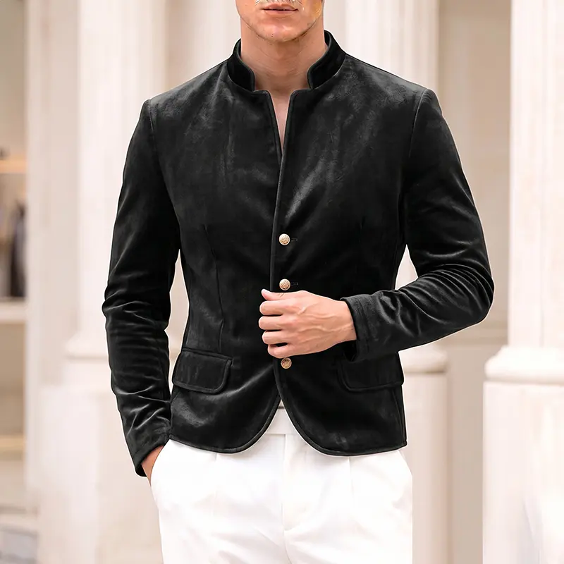 INCERUN Men's Stand Collar Buttons Velvet Long Sleeve Party Jacket Suit Spring Autumn Menswear Casual Plain Coat Blazer