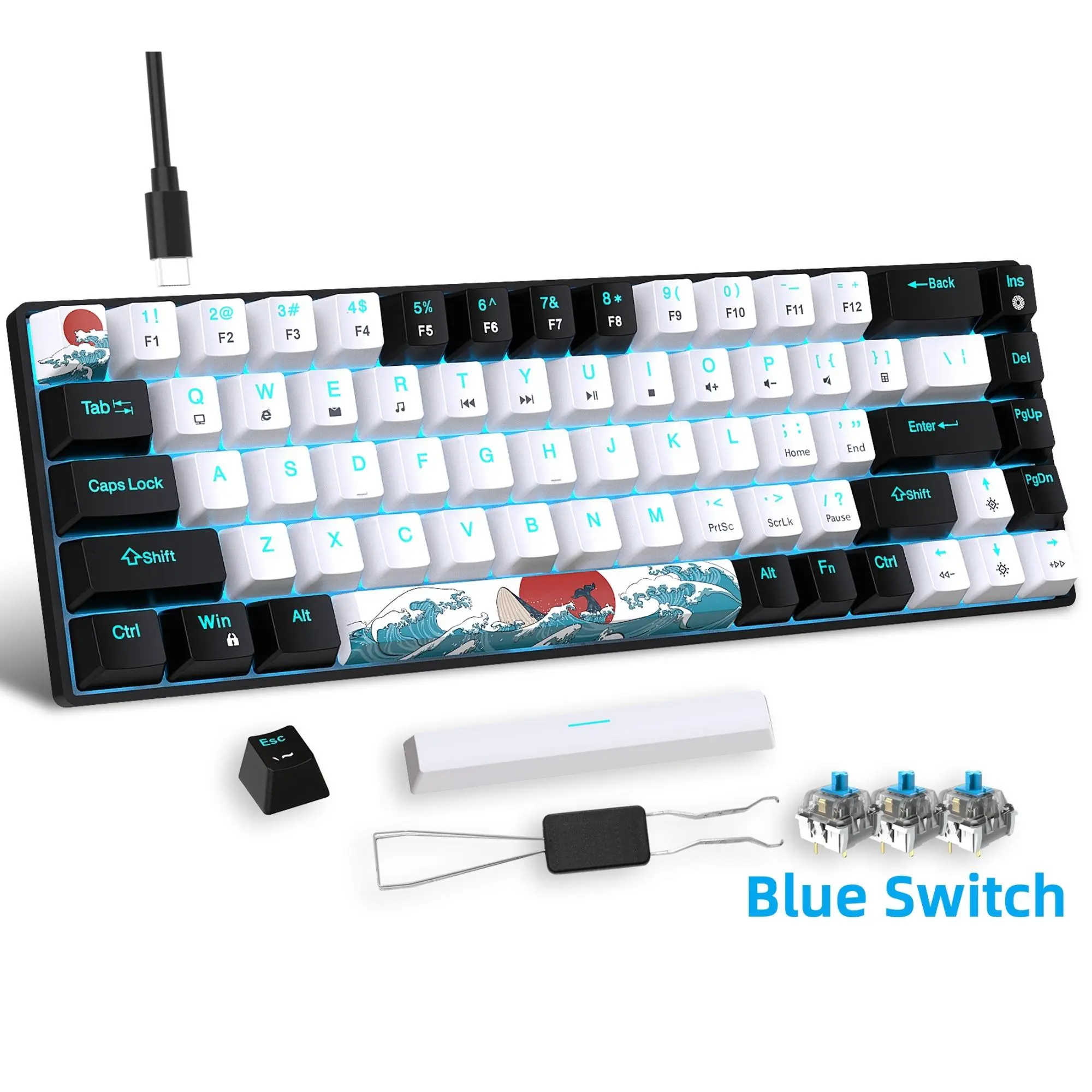 Mechanical Gaming Keyboard, 68 Keys Gaming Keyboard With Blue/Switches, Detachable Type-C Cable Mini Keyboard With Blue Light For Windows/Mac/PC/Laptop