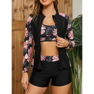 3pcs Swimsuit Set Women, Long-sleeve Separates Competitive Swimming, Tropical Pattern Print,-stretch Polyester Fiber, Zipper Detail, Suitable Beach and