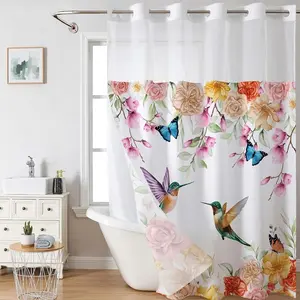 Floral Hummingbird No Hook Shower Curtain with Snap in Liner, Flowers Butterflies Curtains for Bathroom, Fabric Inner, Watercolor Plants Bath Decorative, Machine Washable, 71 x 74