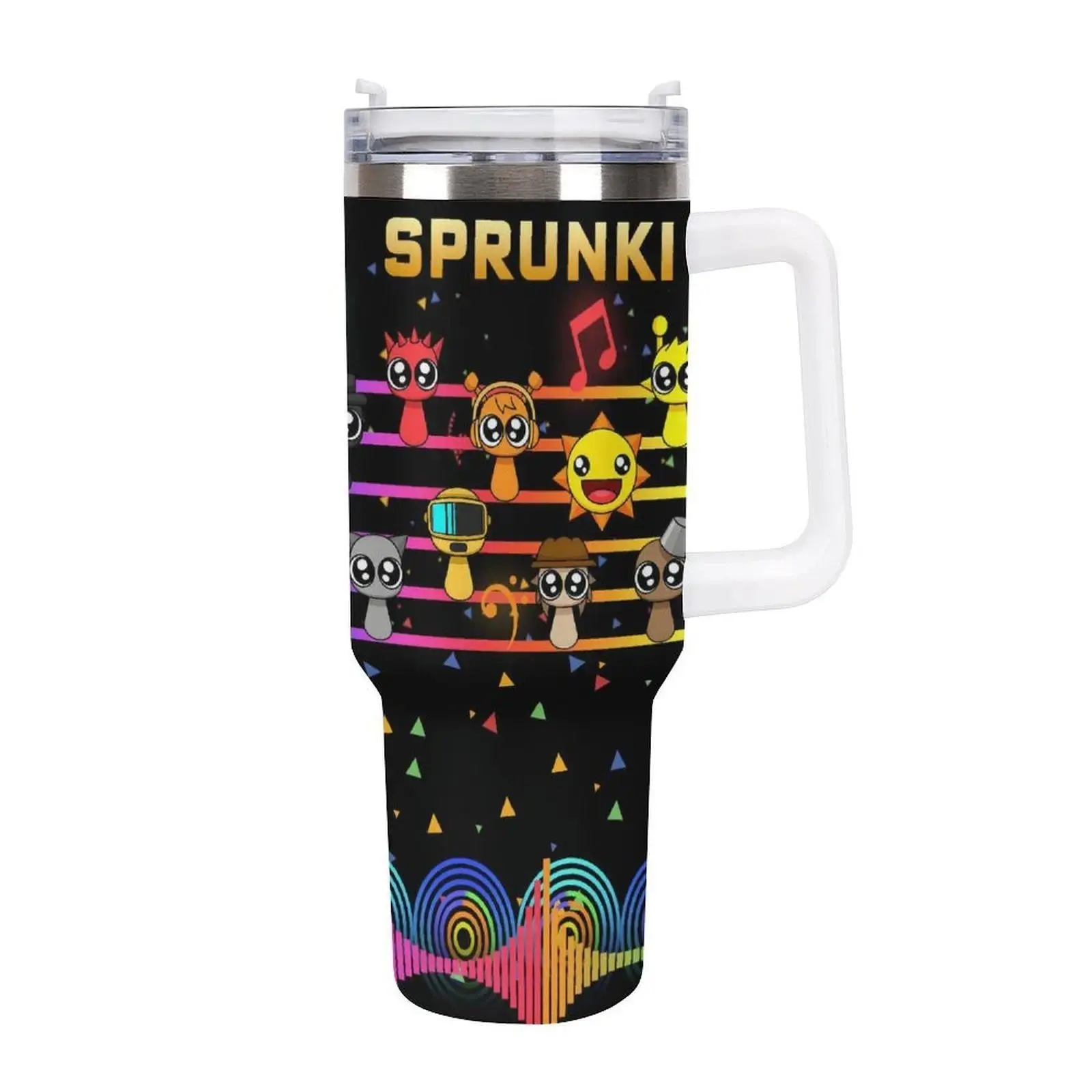 20oz&40oz Sprunki Music Themed Insulated Stainless Steel Car Tumbler Leak Proof Travel Cup with Lid Three Color Options Cute Cartoon Character Musical Note Pattern for Kids Adults Sprunki Fans Ideal Daily Use and Gift