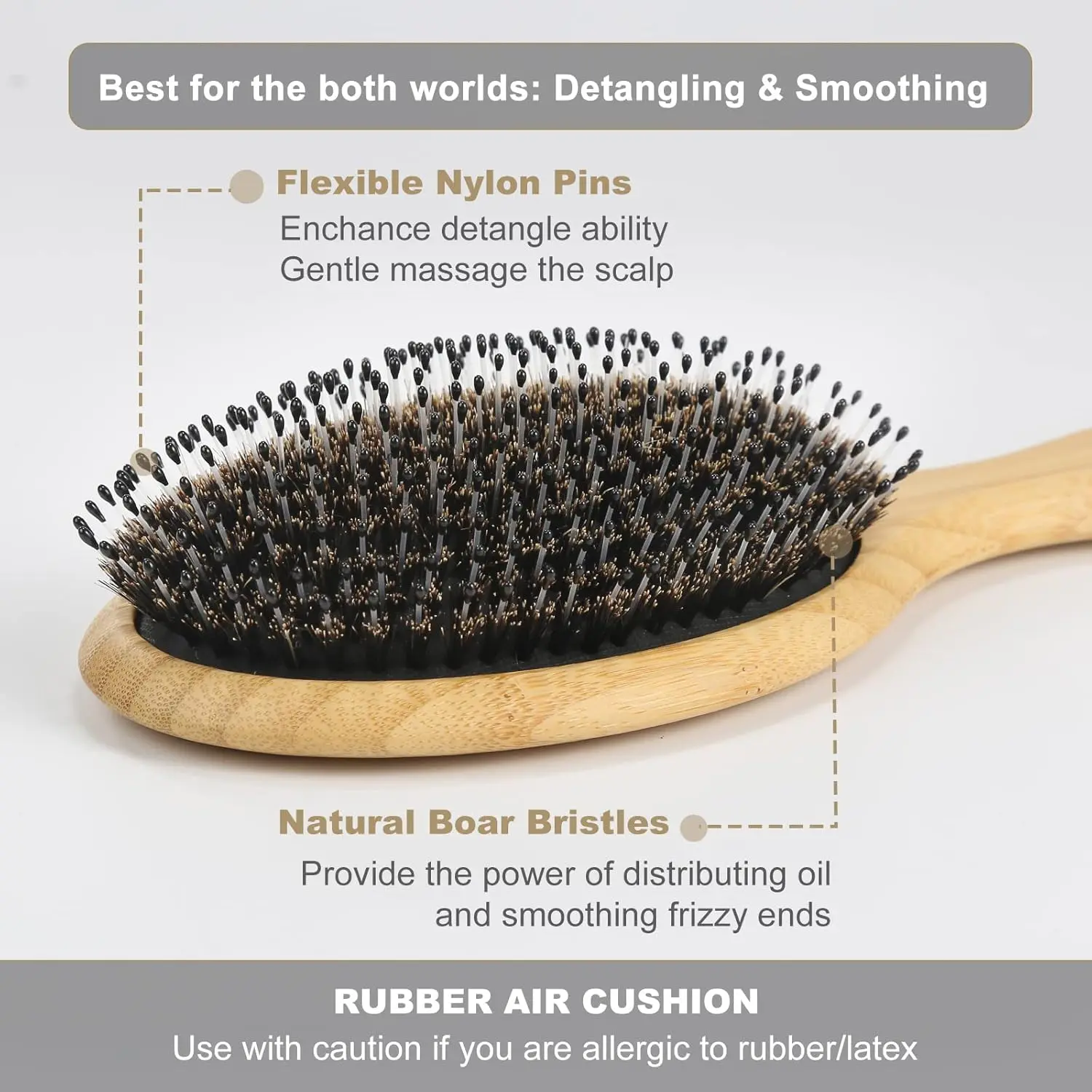 ESTOOL Boar Bristle Curly Hair Brush Styling Tool for Adult Females - Bamboo Wooden Cushion, Ergonomic Large Paddle, Anti-Static Detangling Massage Brush, Oil-Distributing, Shine-Enhancing, Easy-to-Clean Rubber Base for All Curly Hair Needs