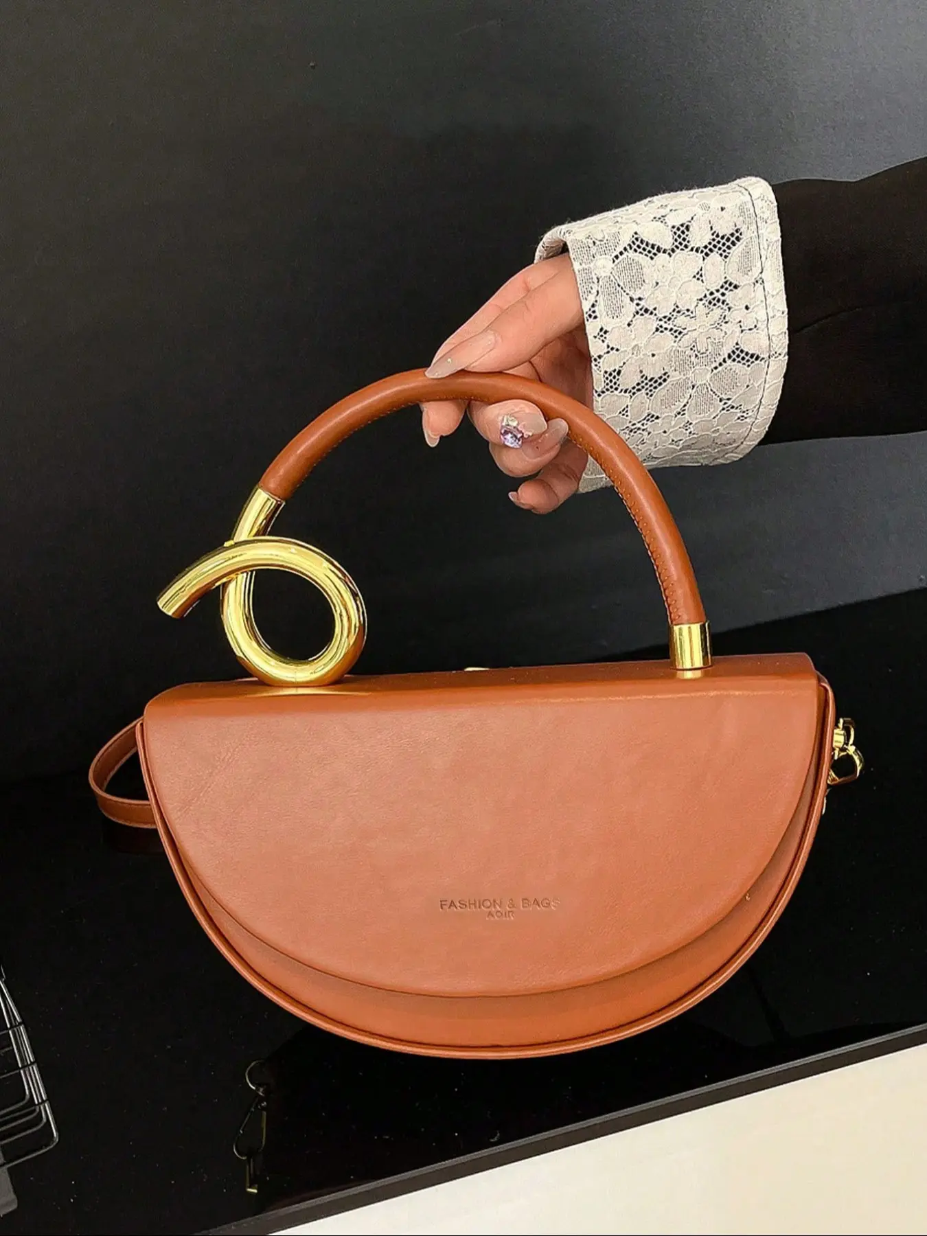 Niche design bright color semi-circular handbag, Pu leather handbag, creative metal buckle shoulder crossbody bag, suitable for banquets, afternoon tea, street photography, Half Moon Purse, Casual Trendy Purse, Crossbody Purses