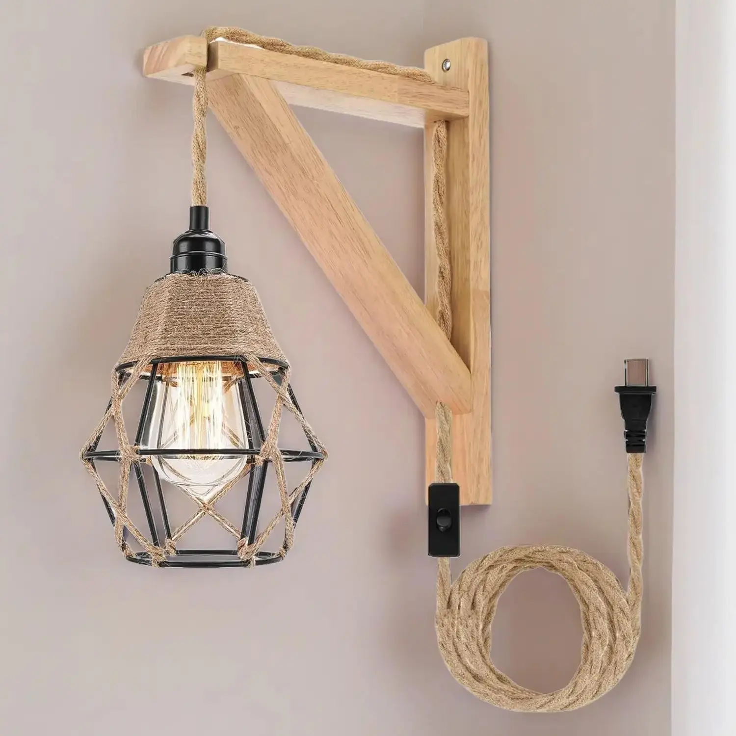 Farmhouse Plug-in Wall Lamp with Rustic Metal Cage Shade, Wood Shelf Bracket, E26 Socket, 110V-120V US Plug - Attachable Fixtures, Ambient Interior Lamps, Atmosphere Lighting, Lights for Bedroom