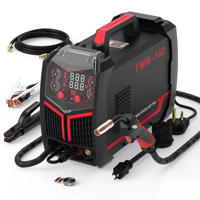 YESWELDER YWM-160 Gas Gasless MIG Welder 160Amp | 110/220V Dual Volts, Smart MIG, Digital Display | Gas/Flux Core/Lift TIG/Stick 4-in-1 Welding Machine