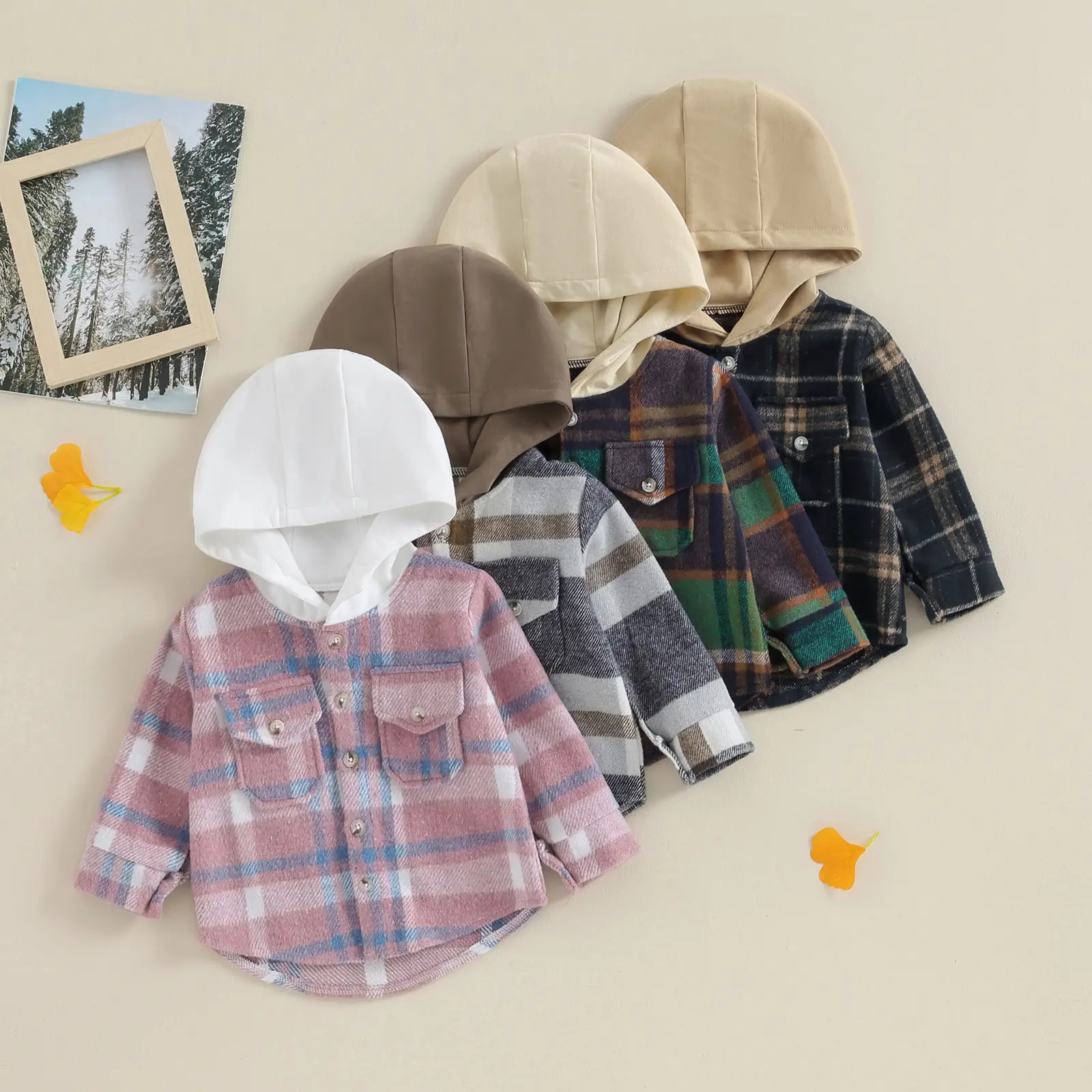 Baby and Toddler Boys' Hooded Shirt Jacket, Casual Long Sleeve Plaid Pattern Cotton Blend Top with Pockets, Plaid Print Coat, 12-18 Months, Hooded Coat, 2-3 Years, Seam Pocket
