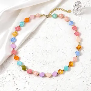 Rainbow Beaded Choker Necklace, Colorful Pastel Beaded Chain for Women, Trendy Summer Boho Jewelry Handmade Accessories