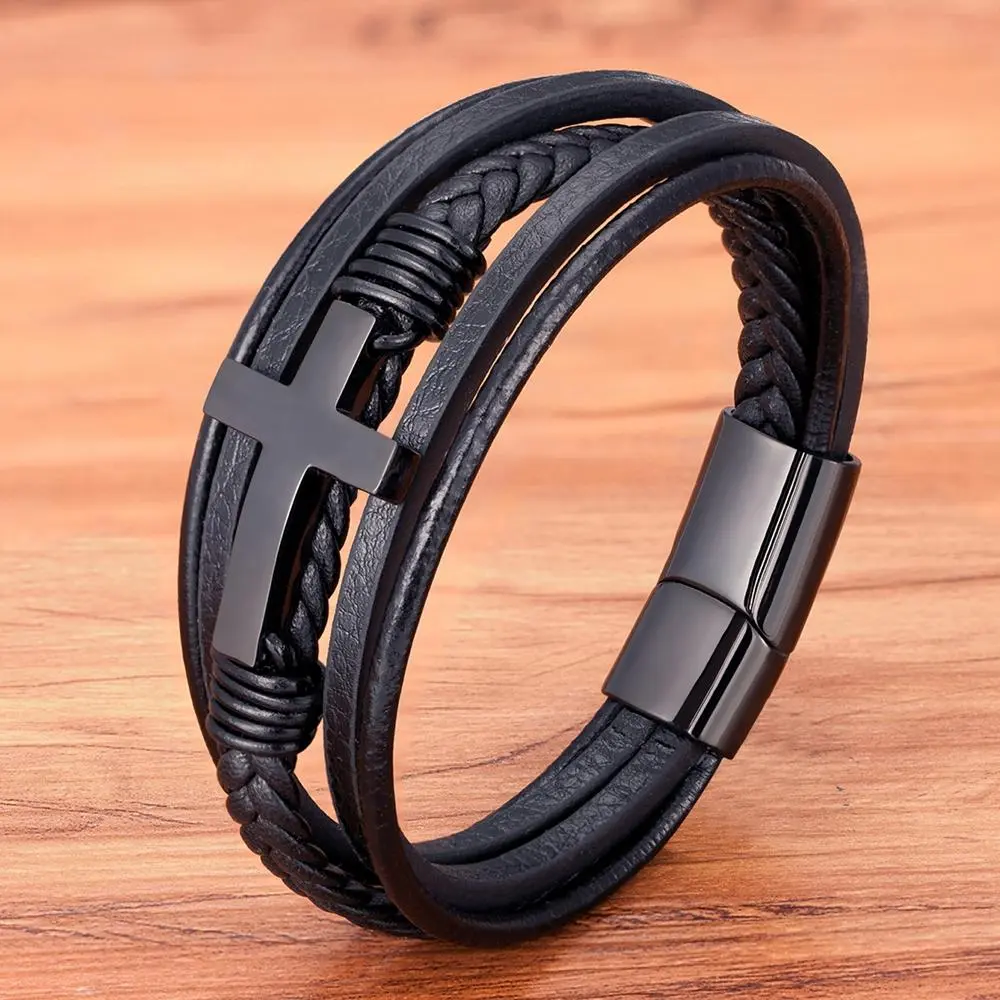 Male Religious Leather Bracelet with a Braided Look, Multi-Layer Adjustable Cuff with Stainless Steel Cross Clasp, Faith Jewelry for Casual Wear & Bracelet Stacking, Braided Bracelets