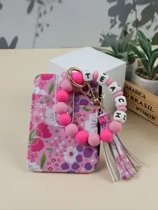 Colorful Beaded Wrist Floral Pattern Keychain with Teach Element, Preppy Style PU Fabric, Perfect Teacher Gift, Functional and Stylish Accessory