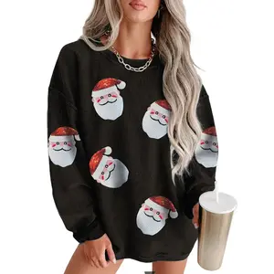 Mntaor women’s black long-sleeve graphic pullover featuring a Santa face design with red sequin appliqué—cute, casual holiday sweatshirt for an Xmas party, festive cozy outfit, winter outfit