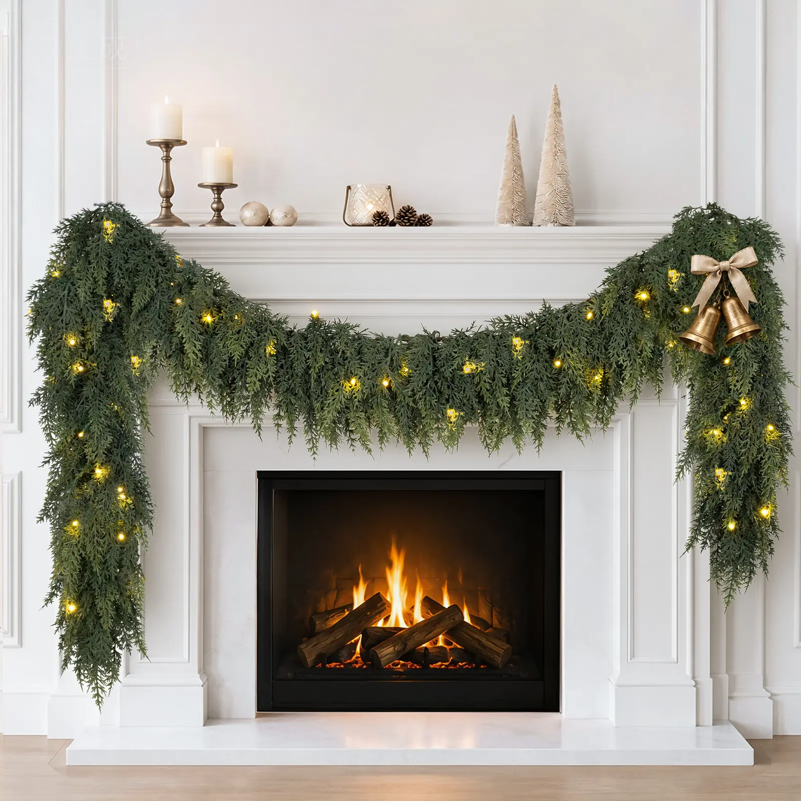 N&T NIETING 9FT Pre-Lit Rustic Reusable Christmas Cedar Garland, Artificial Polyethylene Pine Greenery Decor with Warm Pre-Lit LEDs, Festive Vine/Wreath for Fireplace Mantel, Indoor Lighted Holiday Displays, Festive Decoration, Christmas Decorations