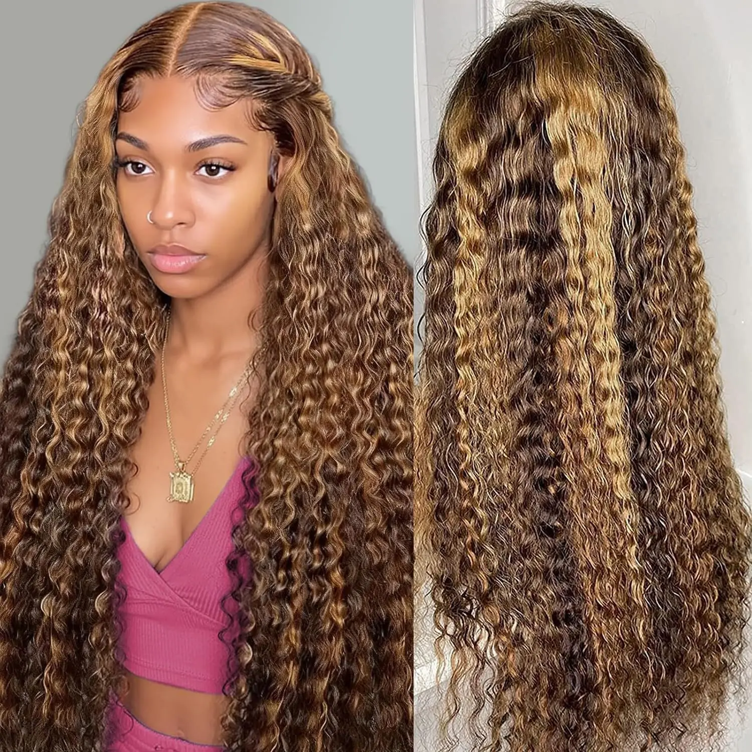 Nerkre TiktokShop Highlight Ombre 13x6 Lace Front Wig Human Hair 180% Density Highlight Deep Wave wig Curly Highlighted Wig Human Hair #4/27 Honey Blonde Deep Wave Wig Human Hair Curly Ombre Wig for Women