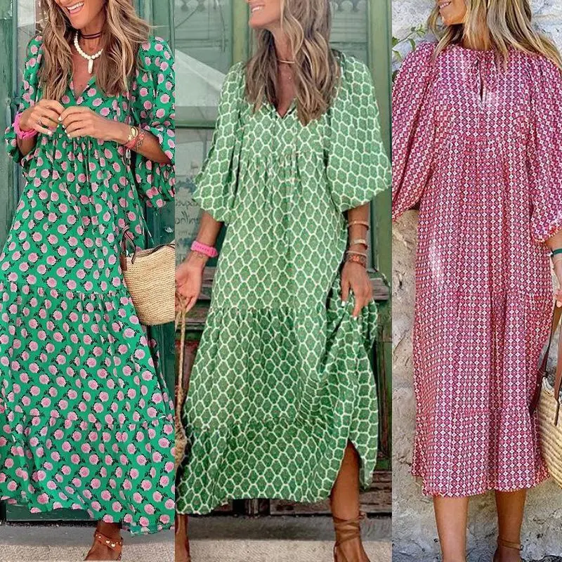 2025 summer dresses women loose bohemian round neck lantern sleeve mid-length dress