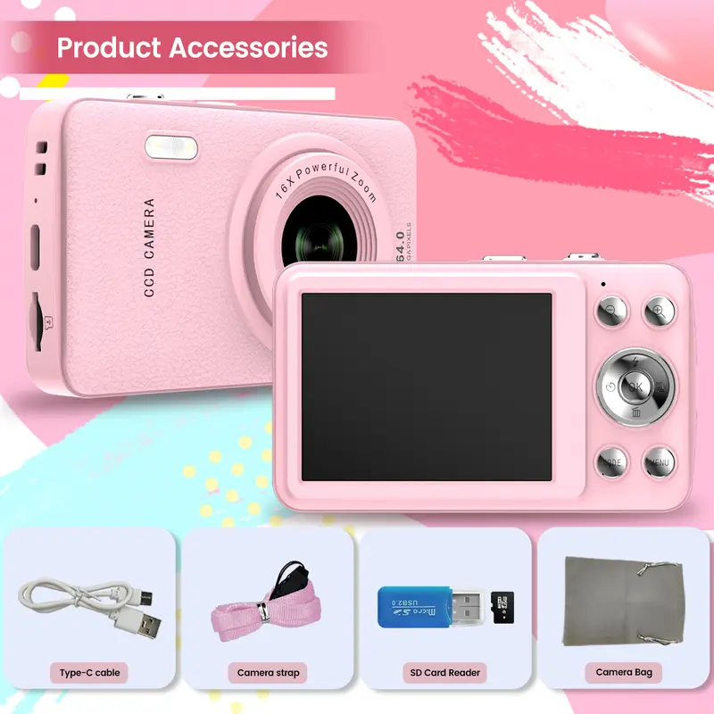 CCD, Vlogging Camera, 16X zoom and 32G storage card, Portable Digital Camera, Ideal Gift for Boys, Girls, Teenagers, and Beginners, Birthday Gift