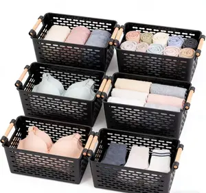 Set of 6 stackable durable plastic storage baskets with handles, open-top design with ventilation holes for home, office, wardrobe, and bathroom storage Collapsible Multifunctional Bins