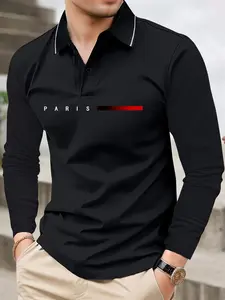 Men's Lightweight Spring & Autumn Long Sleeve Paris Letter Print Polo Shirt - Fashionable Vacation Casual Sports Outing Collared Top for Work & Golf, Perfect Gift for Boyfriend or Husband - Holiday Style Menswear Festive Stylish T-Shirt Thin Clothes