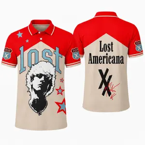 vintage polo shirt, retro streetwear polo, Y2K graphic polo, lost americana polo, viral TikTok polo, red graphic polo shirt, punk style polo tee, oversized streetwear shirt, unisex retro polo, trendy men polo, aesthetic graphic polo