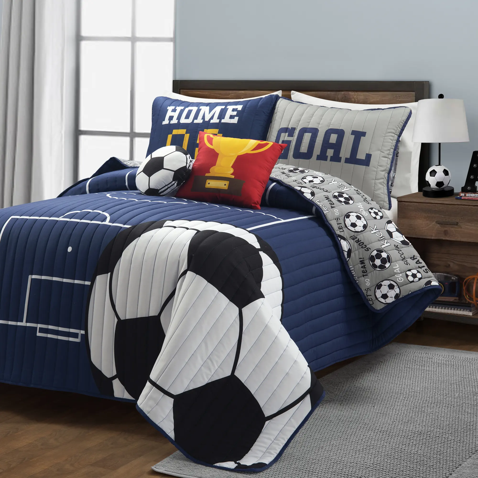 Lush Decor Soccer Game Reversible Oversized Quilt 4-5Pc Set, Whimsical Home Decor with Contemporary Look for Room & House Use