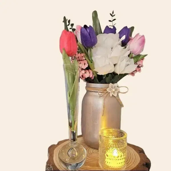 Rustic Romance Mason Jar Floral Arrangement. Roses, baby's breath & cherry blossoms in wooden crate for spring home decor.