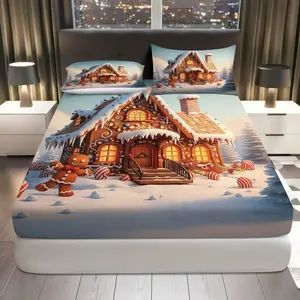 3Pcs Gingerbread House Christmas Winter Fitted sheet Three Piece Set (1*Fitted Sheet+2*Pillowcases, Coreless), Holiday theme, Festive Decor Bedding Set, Mattress protector Soft, Breathable