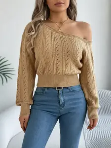 Women's Plain Textured Hollow-Out Asymmetrical Neck Sweater, Elegant Raglan Sleeve Jumper for Fall & Winter, Fashion Ladies' Knitwear for Daily Wear