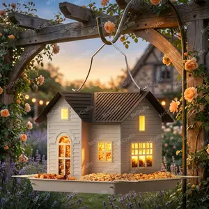 MrCrafts Solar Bird Feeder -  7.4in × 6.69in × 6.37in, Waterproof Hanging Metal Bird Feeder with Solar Panel, Outdoor Solar Lantern, Patio Decor for Outside, Unique Gifts