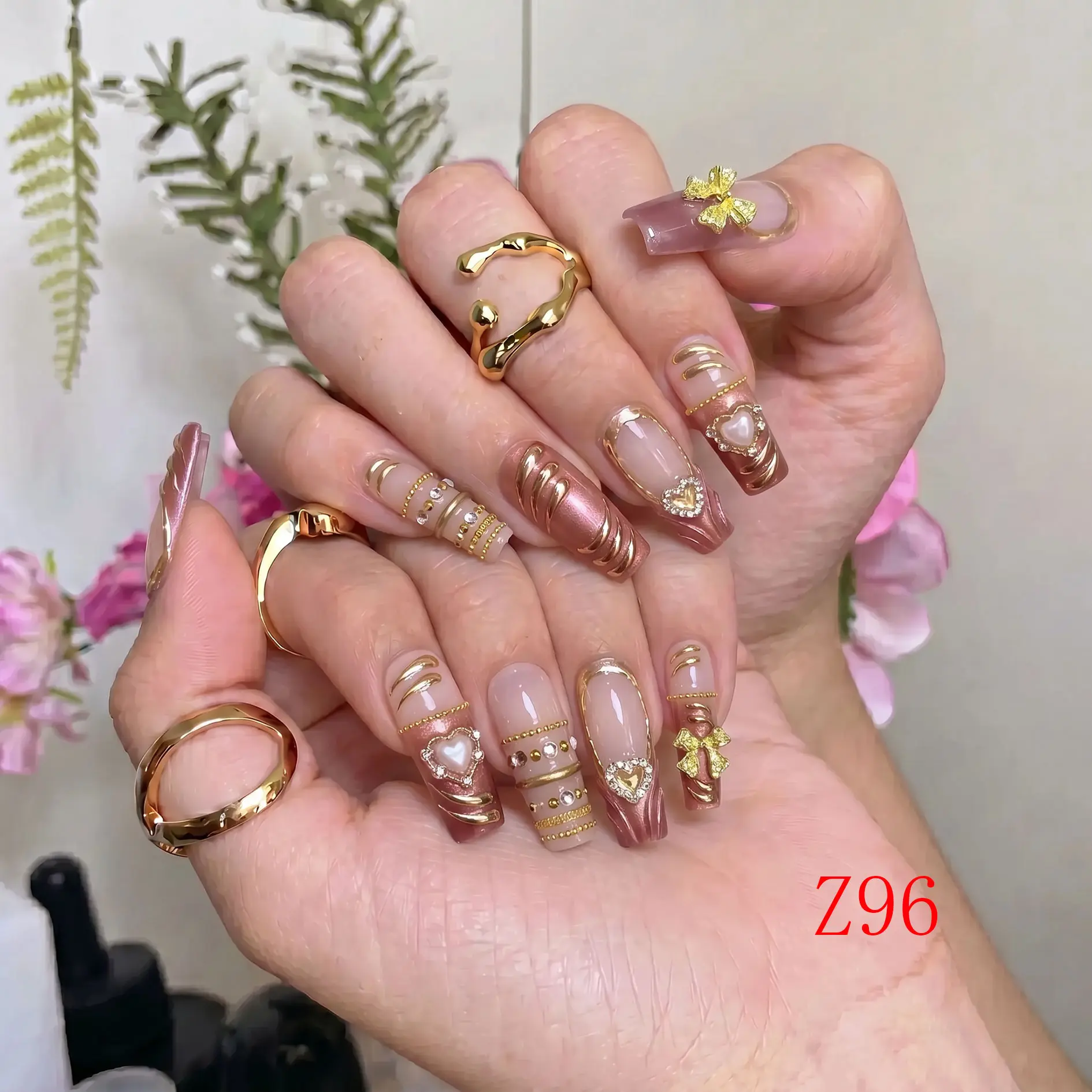 Nailbeebee Z96 Handmade Press-On Nails - 1.3 in, Reusable, Salon-Quality, Long-Lasting, Glossy Design - Ideal for Daily Office Use, Date Nights, Holiday Travels