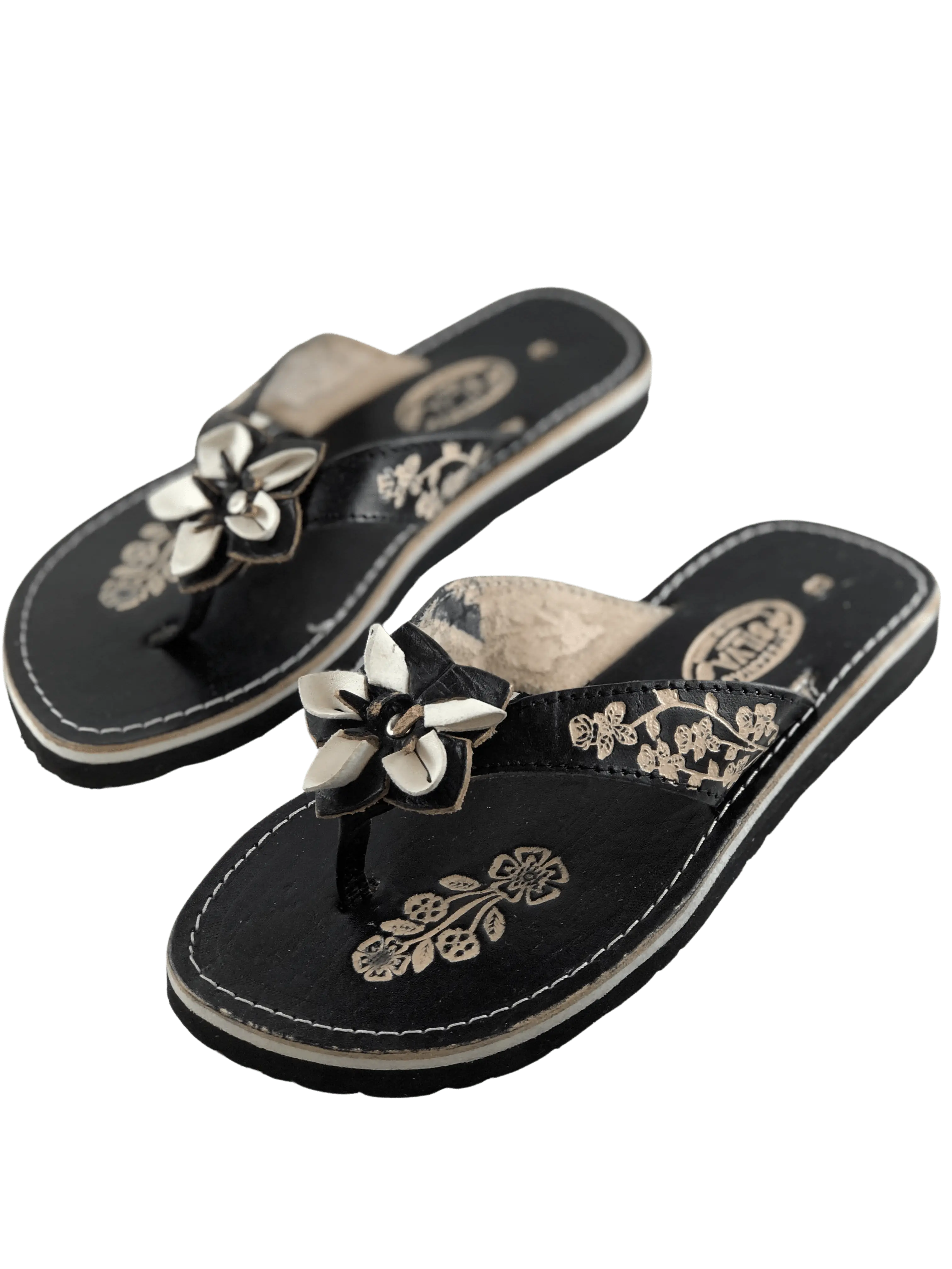 Women's Handmade Leather Sandal - Flower Embroidery