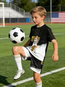 Kids 2 Piece Outfits Boys Cristiano Ronaldo Juventus Number 7 Black Gold Ink Anime Print Summer Sports Casual Football Fan Children Clothing Set For School Daily Fan Gathering