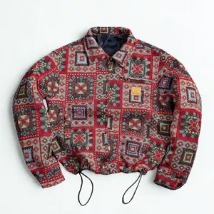 Ethnic-style geometric jacquard jacket, American vintage collared zip-up outerwear with a drawstring design