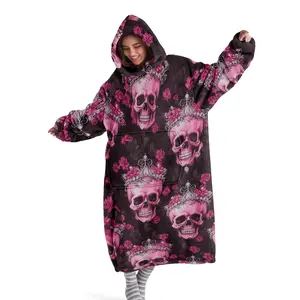 Hoodie blanket, wearable blanket, pink rose skull print hooded wearable blanket, digital printed flannel blanket, Floral print blanket, Figure print blanket, soft and warm sofa blanket, office bed camping travel blanket
