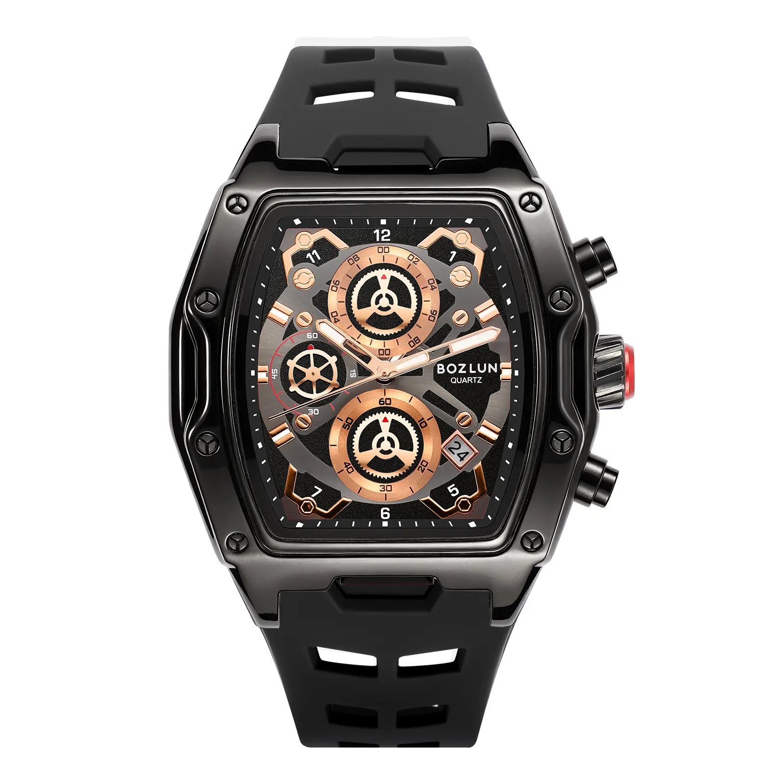 BOZLUN Men’s Tonneau Chronograph Watch, Multi-Layer Mechanical Dial, Luminous Hands, Date, 30M Waterproof Silicone Strap