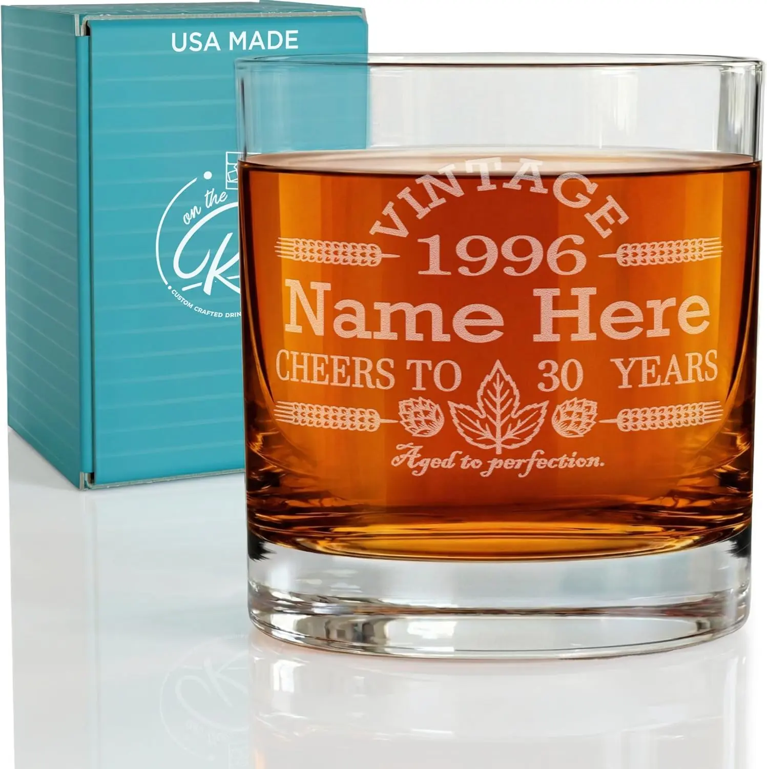 Personalized Whiskey Glass for Men – 11oz Custom Whiskey Glass with Vintage Aged to Perfection Design – Etched Bourbon Glasses Personalized for Birthdays and Anniversaries – Engraved Scotch Glass