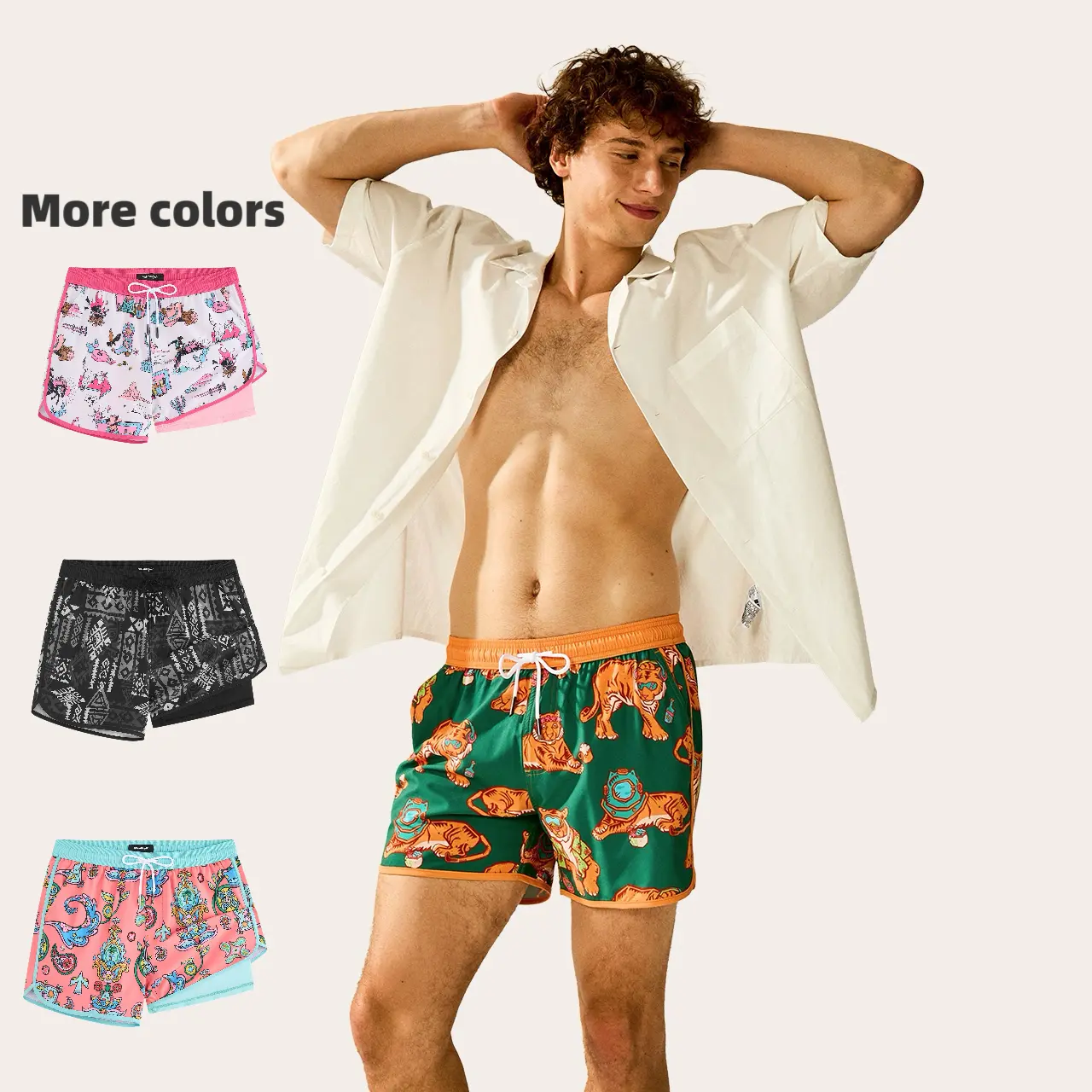 【Flash Sale】Maamgic Swim Shorts 4.5" Inseam with Print Pattern, 2-in-1 Stretch, Wrinkle-resistant Polyester, Adjustable Drawstring, 2 Side+1 Back Pocket, Quick-Drying & Draining Mesh Liner, Comfort. For Beach, Pool, Casual Vacation Summer.Summervibes.